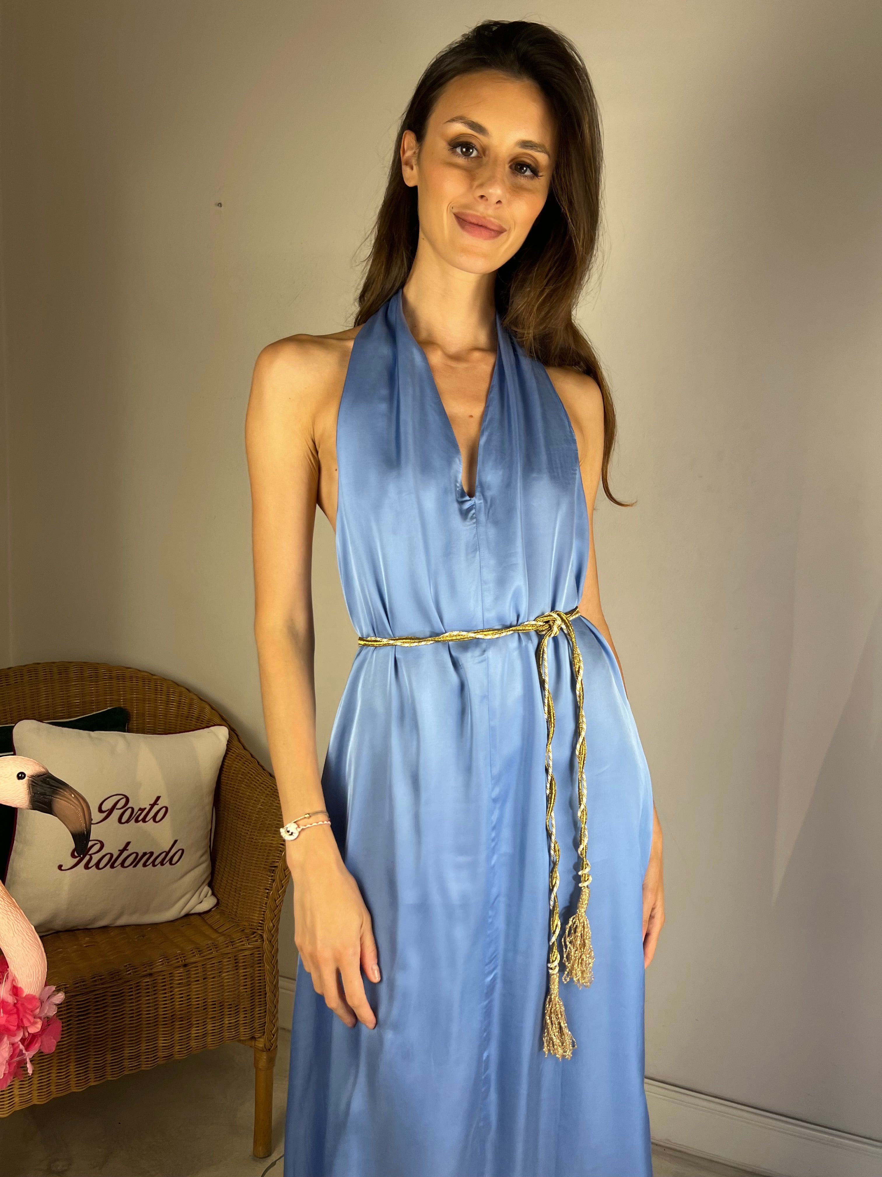 Abito lungo saten azzurro