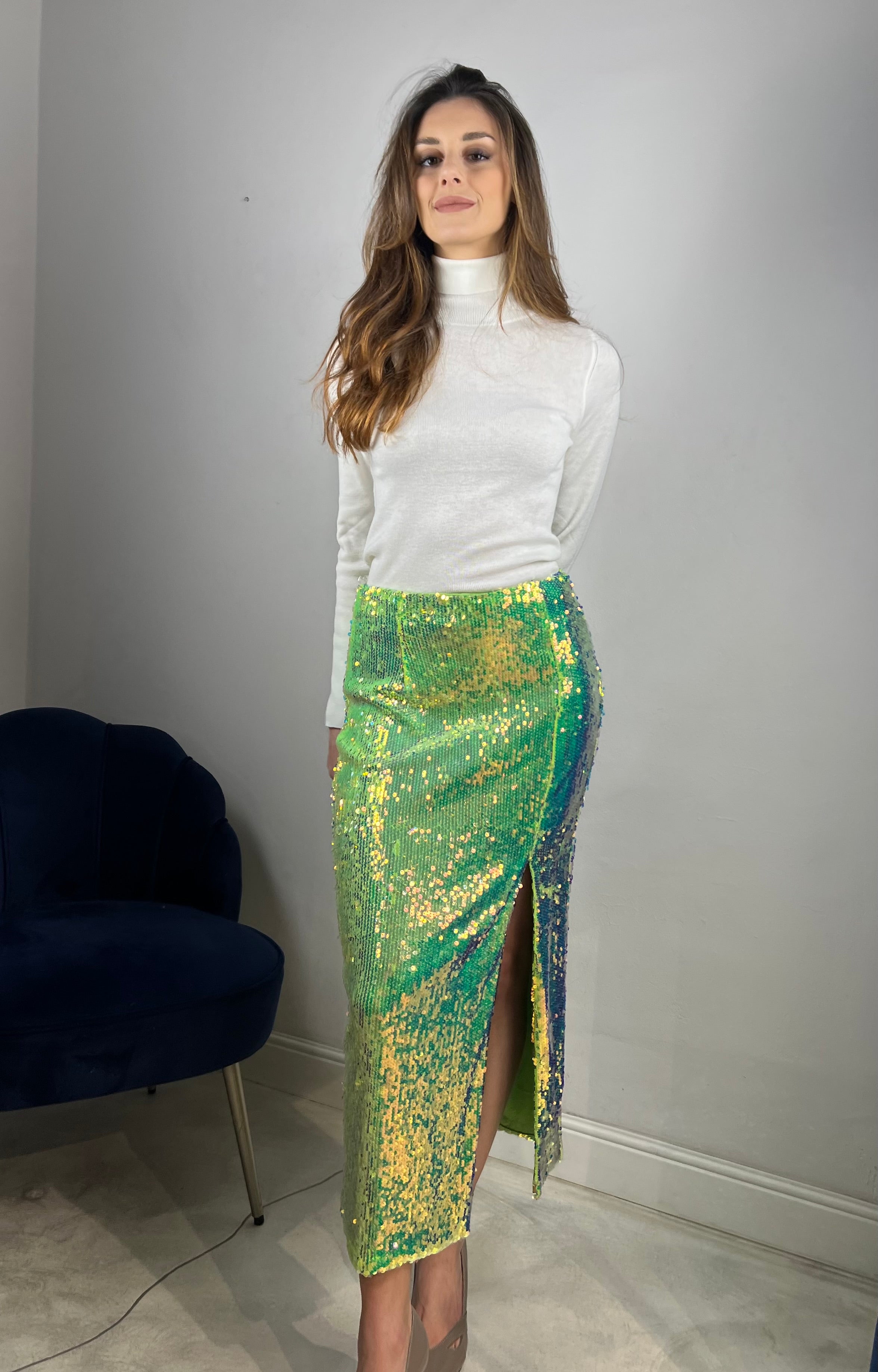 Gonna midi paiettes lime