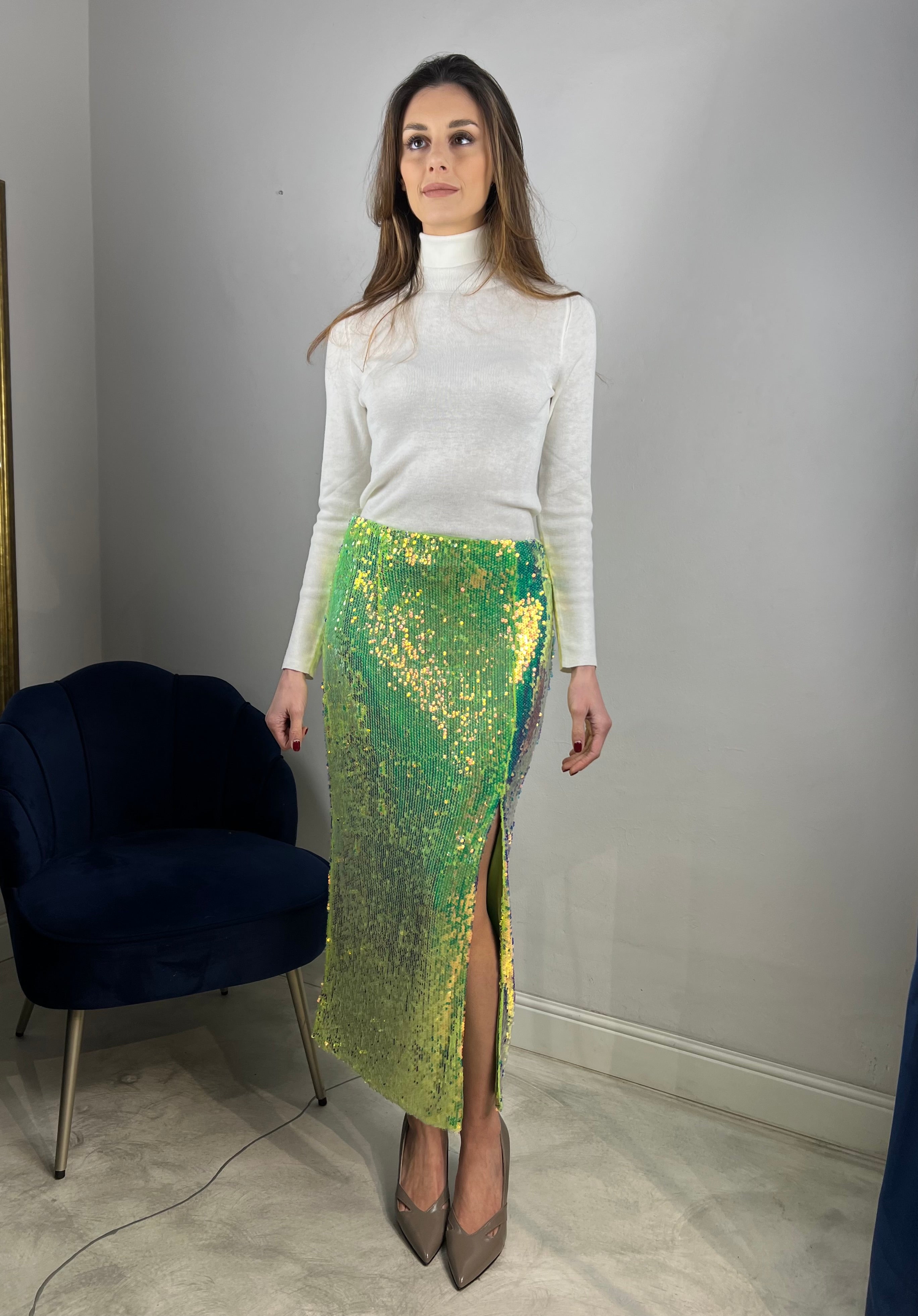 Gonna midi paiettes lime
